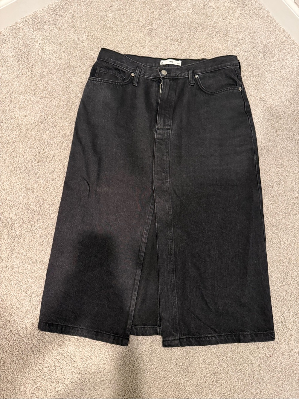 Mango Black Midi Denim Skirt with Front Slit